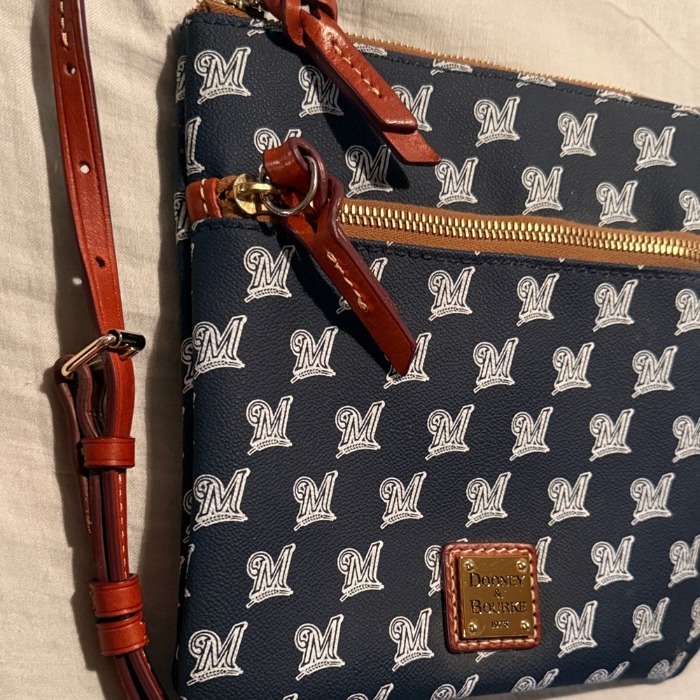 Dooney & Bourke Navy and Brown Zip Pouch with Gold Hardware